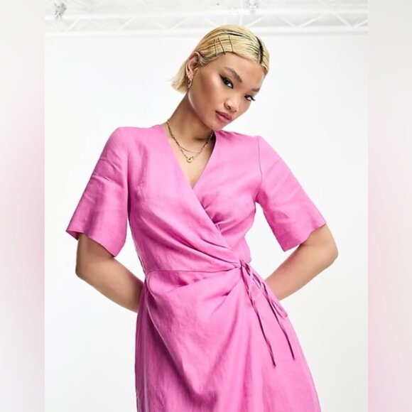 & OTHER STORIES PINK LINEN DIAGONAL WRAP DRESS SIZE EU 36 - Picture 4 of 14